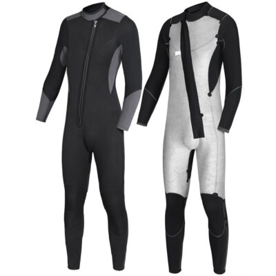 5/3mm Super Stretch Front Zip Men Full Wetsuit (Black)-Inner White Terry