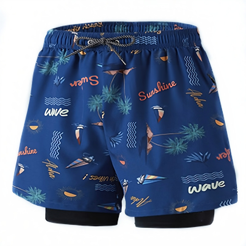 7 Inch Inseam 2 in 1 Swim Trunks with Zipper Pockets Compression Liner Quick Dry Sports Shorts